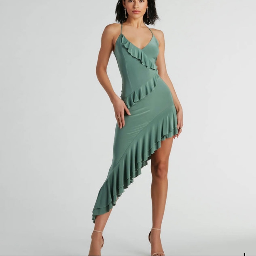 Windsor Iconic Flair Ruffled Asymmetrical Midi Dress